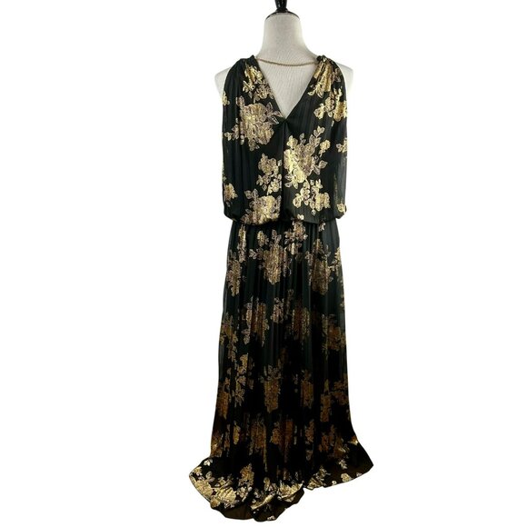 MSK Pleated Gold Print Maxi‎ Dress Women 16 Black Metallic Floral Event Wedding - Picture 13 of 15